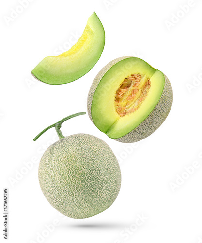 Whole and slices cantaloupe melon with seed falling in the air isolated on transparent background. PNG