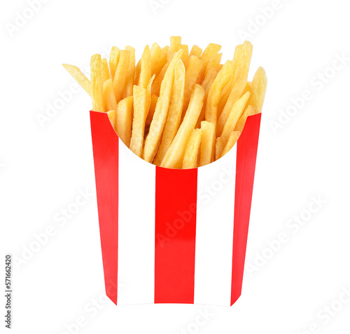 French fries in a red white box isolated on transparent background. PNG
