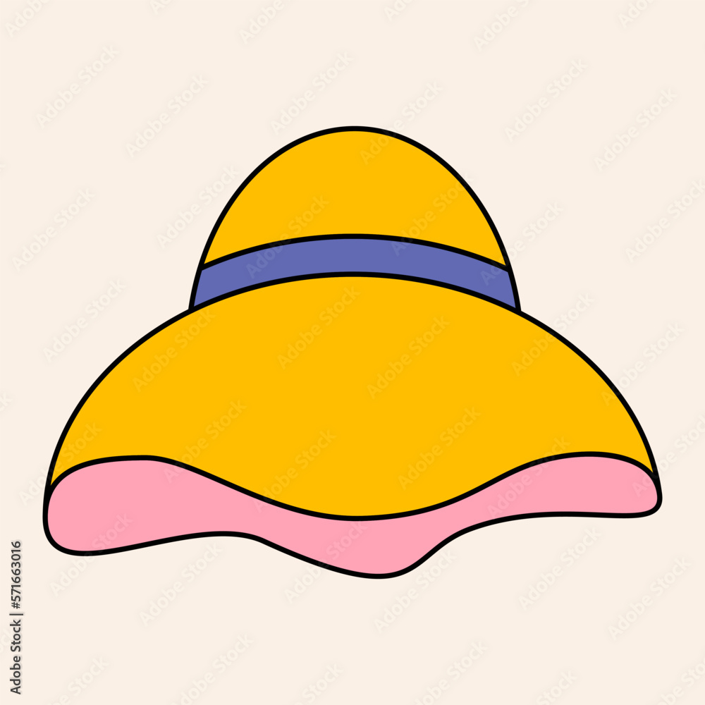 Fototapeta premium Summer vacation flat vector icon beach hat in retro style color. Summer travel and relax concept. Vacation illustration. Beach rest , summer holidays. Woman hat