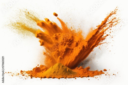 Burst of turmeric powder on a white background. Generative AI photo