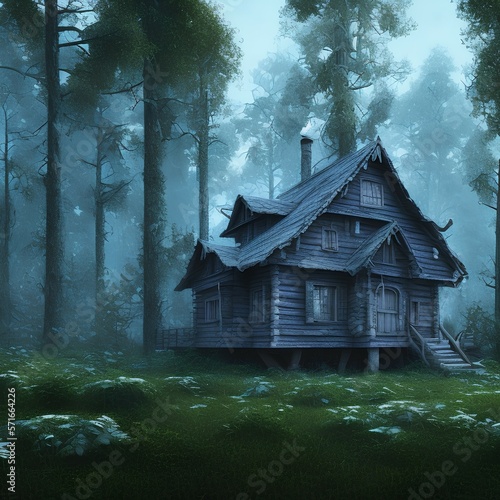 old blue house in a deep forest - generative ai