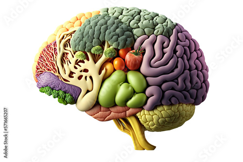 Human brain made of fruits and vegetables. Concept of nutritious foods for brain health and memory. Generative AI