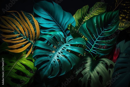 Abstract tropical leaf colourful background. Generative AI