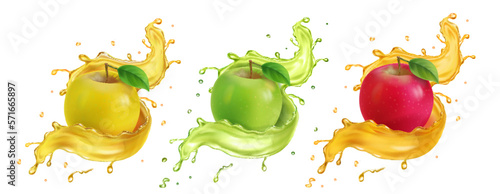 Apple fresh juice realistic illustration. Red, yellow and green apples in fresh splashes of Fruit drink. Vector