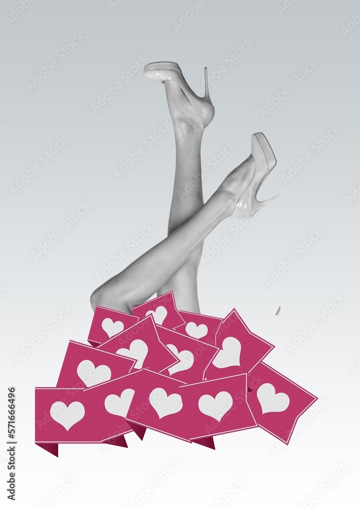 Woman legs upside pile of like hearts
