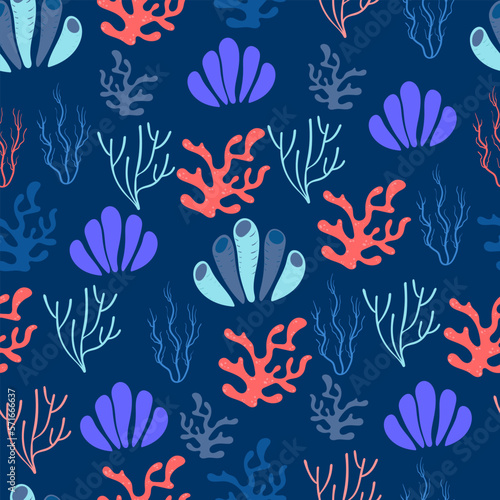 Coral algae sea plants seamless pattern. Vector nautical print. Abstract oceanic background