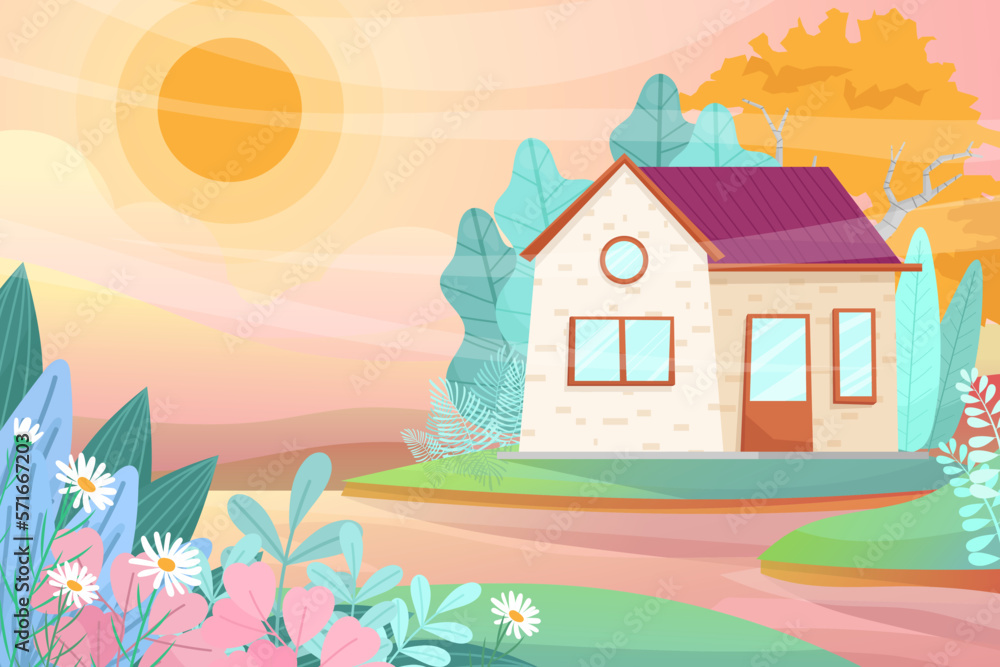 Naklejka premium Little house with green lawn and sun light cartoon vector