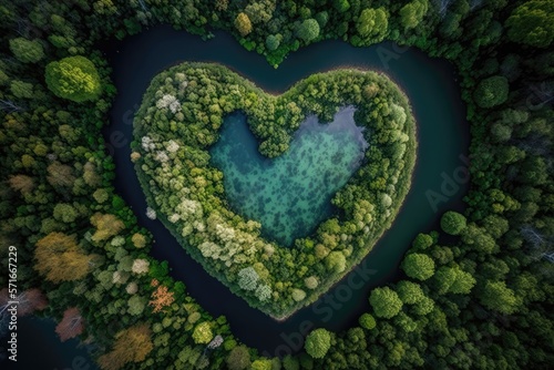 Heart shaped lake in the middle of leafy forest. Generative AI