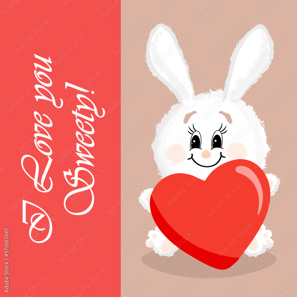 Cute white bunny with a big red heart. Cartoon vector illustration with text box for greeting card, poster, print, textile. Cute white bunny with a big red heart. Cartoon vector illustration with text box for greeting card, poster, print, textile.