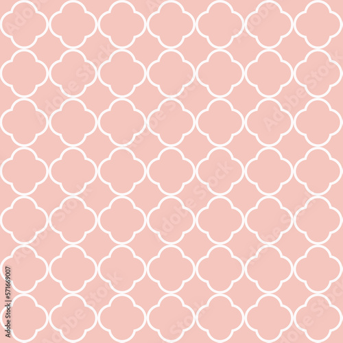 Pastel Seamless background of geometric islamic trellis pattern in pink with repeating white outline