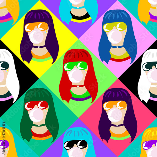 Seamless pattern with a girl blowing a ball of gum