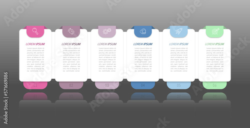 Infographics. 6 stages of development, marketing, workflow or plan. Business strategy with icons. Report and statistics diagram