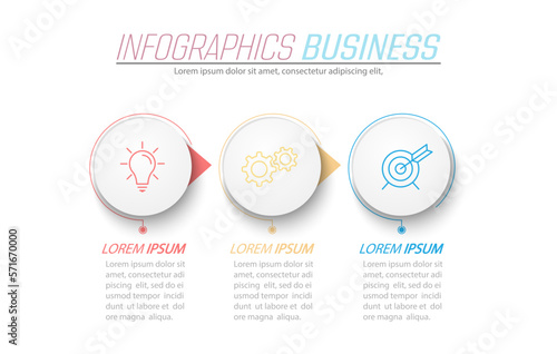 Business infographics. 3 stages of achieving the goal. Stages of the workflow, development, marketing, plan or training. Business strategy with icon icons. Report or statistics schema