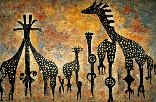 Giraffes in the savannah  painting with brown colors