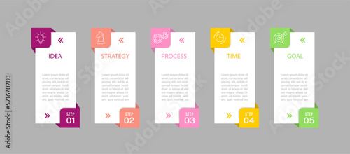 Business infographics. 5 stages of achieving the goal. Stages of the workflow, development, marketing, plan or training. Business strategy with icon icons. Report or statistics schema.