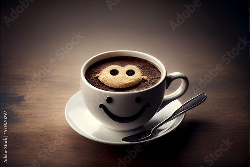 A mug of coffee with a cheerful smiling face.