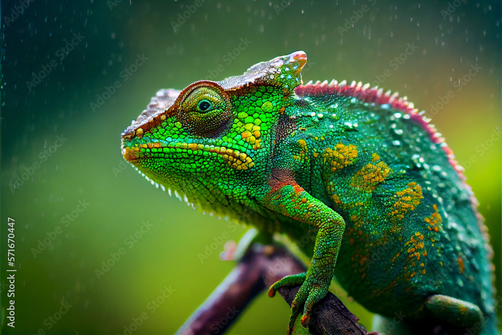 Fototapeta premium Lizard, macro, close-up view of a chameleon or gecko in green.