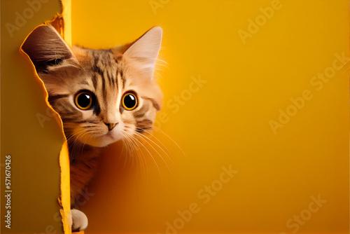 Kitten, funny frightened, curious cat peeks out from around the corner. Yellow wall. photo