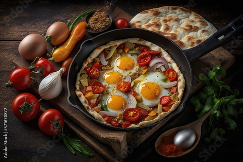enticing breakfast Breakfast in an iron pan. Pita bread, tomatoes, red and yellow peppers, onion, parsley, and fried eggs. Healthy Meals. Generative AI
