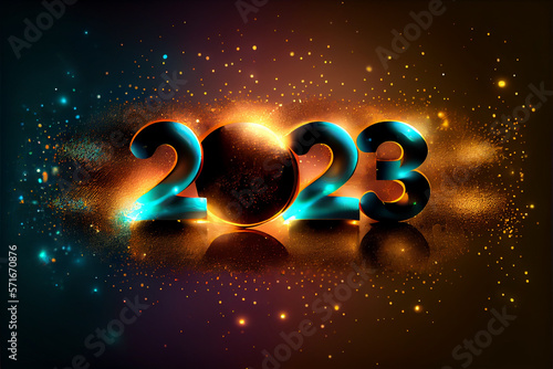 2023 mockup, greeting template or banner. Numbers surrounded by golden splashes.