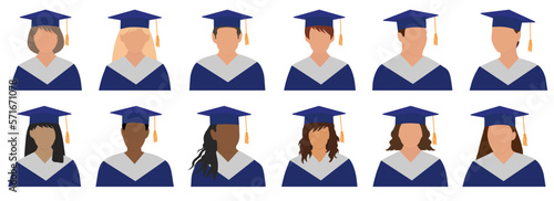 Set of graduate students  in graduation cap.  Vector illustration