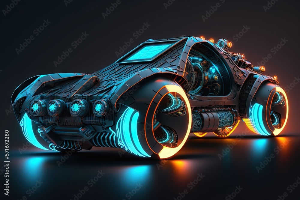 Naklejka premium Sci Fi Futuristic Hallway Showcase Stage Room Big Triangle Alien Blue Light CAR Orange Neon Back Lights Rough Grunge Underground 3D RenderingAI generated art illustration. 