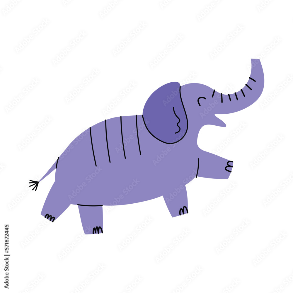 Obraz premium Cartoon Violet Doodle Cute Elephant Baby Flat Design Style Isolated on a White Background. Vector illustration