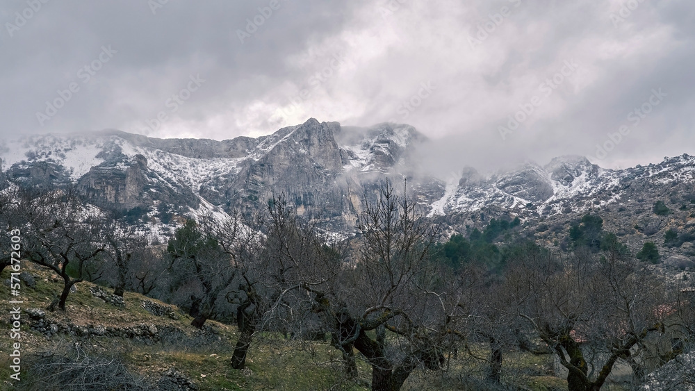 Obraz premium Sierra de Aitana with snow. The Sierra de Aitana is the highest point in the Province of Alicante with 1,557 meters of altitude. Located in Benifato, In Benifato , Alicante, Spain.