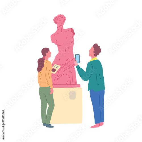 Cartoon Color Characters People Gallery Visitor and Antique Statue on a Pedestal Concept Flat Design Style. Vector illustration