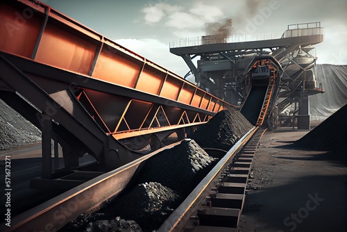 industry belt conveyor moving mining raw coal materials from mine. Generative AI