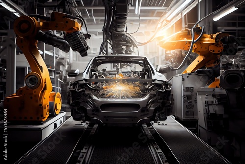 New vehicle assembly line automatic welding of car body on manufacturing line robotic arm on car production line is operational. Generative AI © Pixel Matrix
