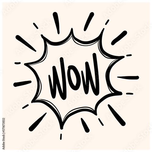 Hand drawn cloud speech bubble element with wow text. Comic doodle sketch style. Explosion cloud icon. Isolated vector illustration.