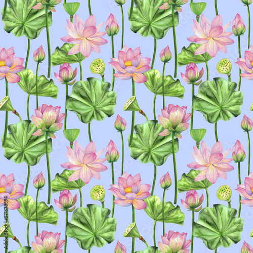 Seamless pattern with pink lotus flowers and leaves. Painted in watercolor.