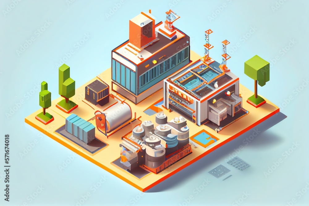 technology in the manufacturing industry optimization of maintenance facilities. Modern isometric smart factory manufacturing facilities. Generative AI