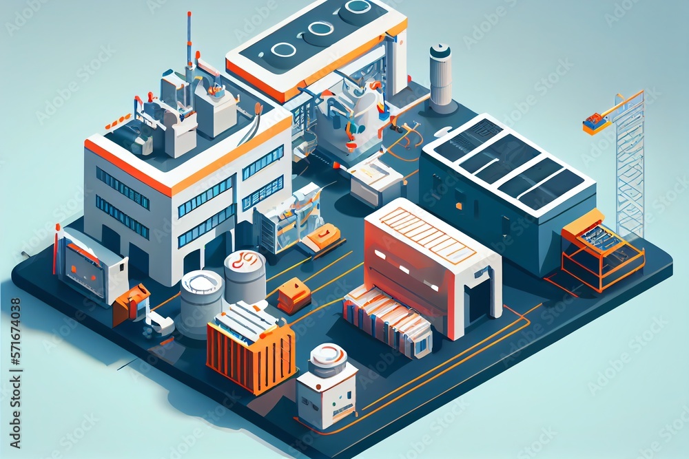 technology in the manufacturing industry optimization of maintenance facilities. Modern isometric smart factory manufacturing facilities. Generative AI technology in the manufacturing industry optimization of maintenance facilities. Modern isometric smart factory manufacturing facilities. Generative AI