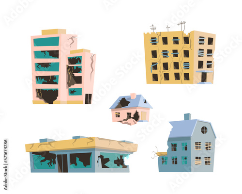 Cartoon Color Different Destroyed City Buildings Set War or Disaster Concept Flat Design Style. Vector illustration