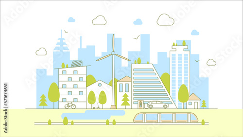 Green City Concept Color Contour Linear Style Ecological Transportation Infrastructure . Vector illustration of Lineart Cityscape Horizontal