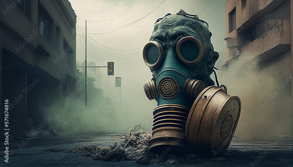 Ai generated. Concept of pollution and respiratory diseases consequence of poor air quality. Close up shot a gas mask on the ground in city after an environmental catastrophe. Stock Illustration