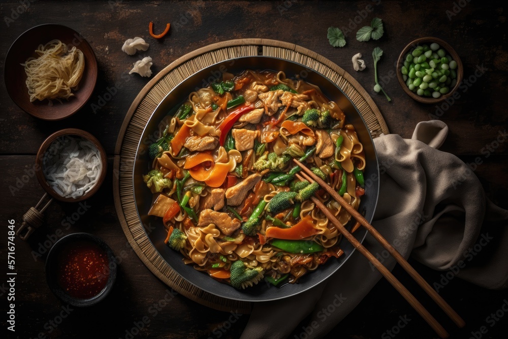 Chow Mein fried noodles with chicken and vegetables. horizontal view from above. Generative AI Chow Mein fried noodles with chicken and vegetables. horizontal view from above. Generative AI