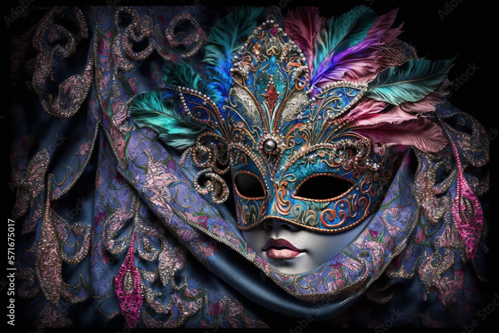 Naklejka premium Fantasy Elaborately embroidered carnival festive fabrics with carnival mask, generative ai.