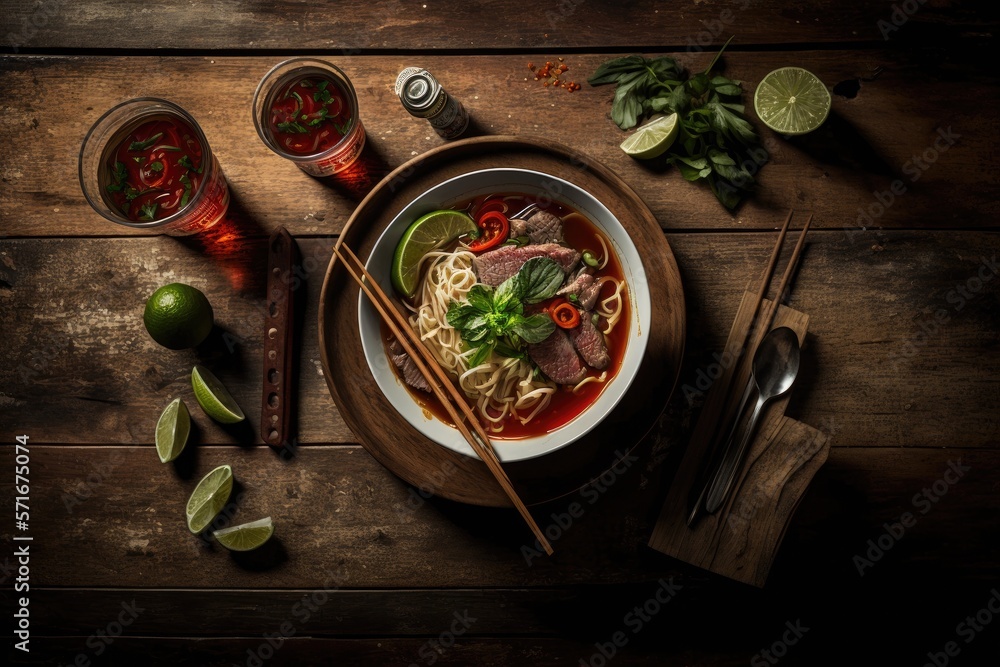 Vietnamese beef pho with sriracha sauce pictured on a wooden table in