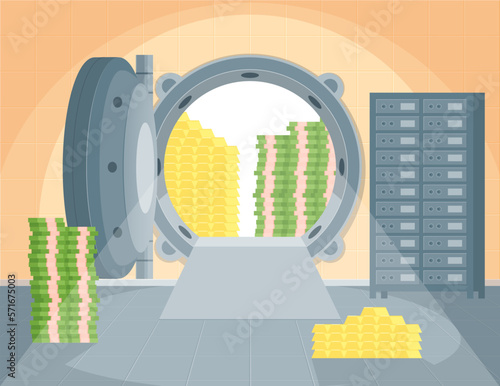 Cartoon Color Vault with Cash Interior Inside Finance Storage Protection System Concept Flat Design Style. Vector illustration