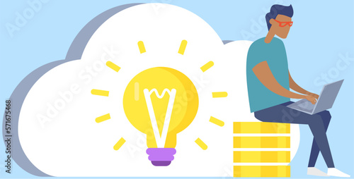 Man creates idea of new project, planning startup. Businessman works with computer, makes money, light bulb isolated on white as symbol of creative idea, new solution. Business technology design