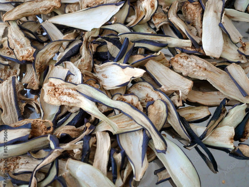 Sliced dry aubergines dried in the sun, dried eggplant slices, drying eggplant, dried foods,