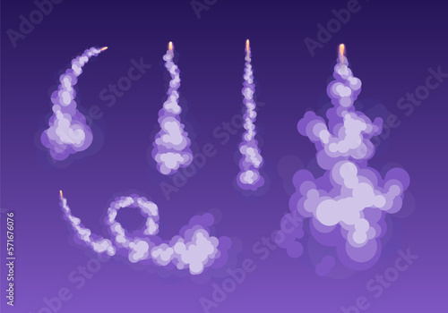 Cartoon Different Rocket or Plane Trail Set Concept Flat Design Style. Smoke or Fog Effect. Vector illustration
