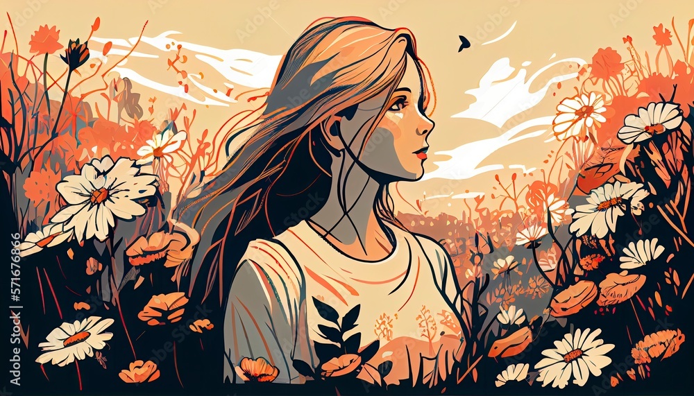 Woman standing in a field of flower, Generative AI Woman standing in a field of flower, Generative AI
