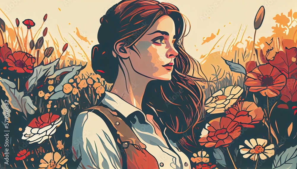 Woman standing in a field of flower, Generative AI Woman standing in a field of flower, Generative AI