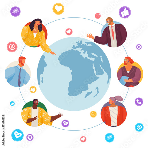 Communication between different people around world by video conference, at phone, tablet, desktop or laptop, relationship between workers on background of world map, multicultural social networks