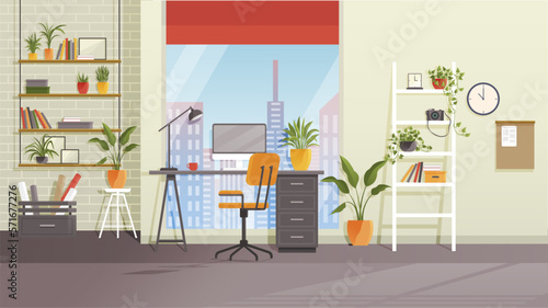 Workplace room, modern Interior, cabinet. Premises with computer. Colorful vector illustration in flat style. Home office interior room for working with pc. Design of modern empty office working place