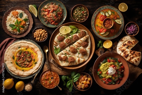 Typical Middle Eastern meal. Arab cuisine that is real. party cuisine meze. Aerial  flat lay  and top views. Generative AI